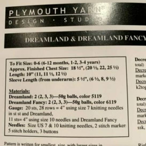 New Plymouth Yarn Co 2008 Dreamland Fancy Girls Swing Jacket Knitting Pattern - Picture 3 of 3